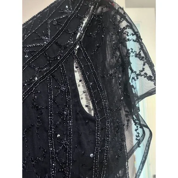 Cristina Wu Navy Beaded V-Neck Gown Size 20W Elegant Formal Dress Sheer Sleeves - Picture 9 of 13